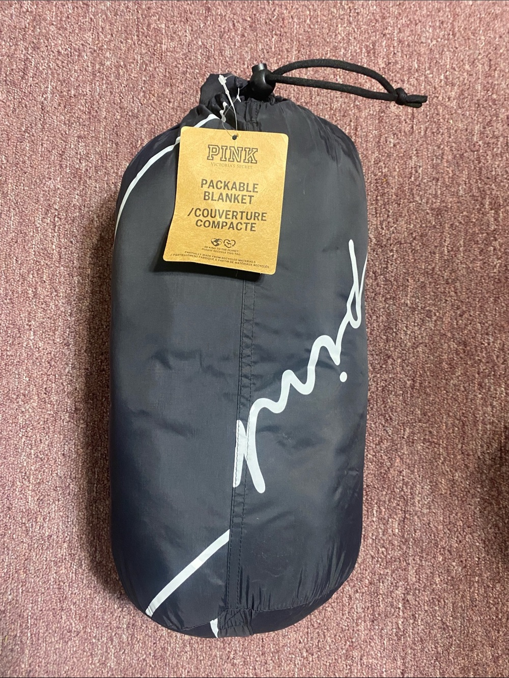 PINK Victoria's Secret Black Packable Travel Blanket Pouch